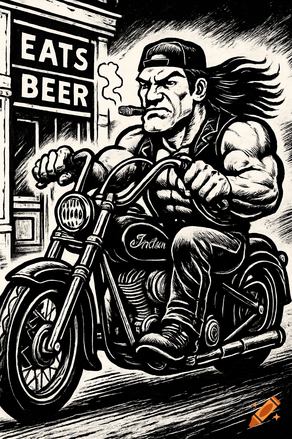 Black and white illustration of a muscular biker on a motorcycle in front of a building with an 'EATS BEER' sign.
