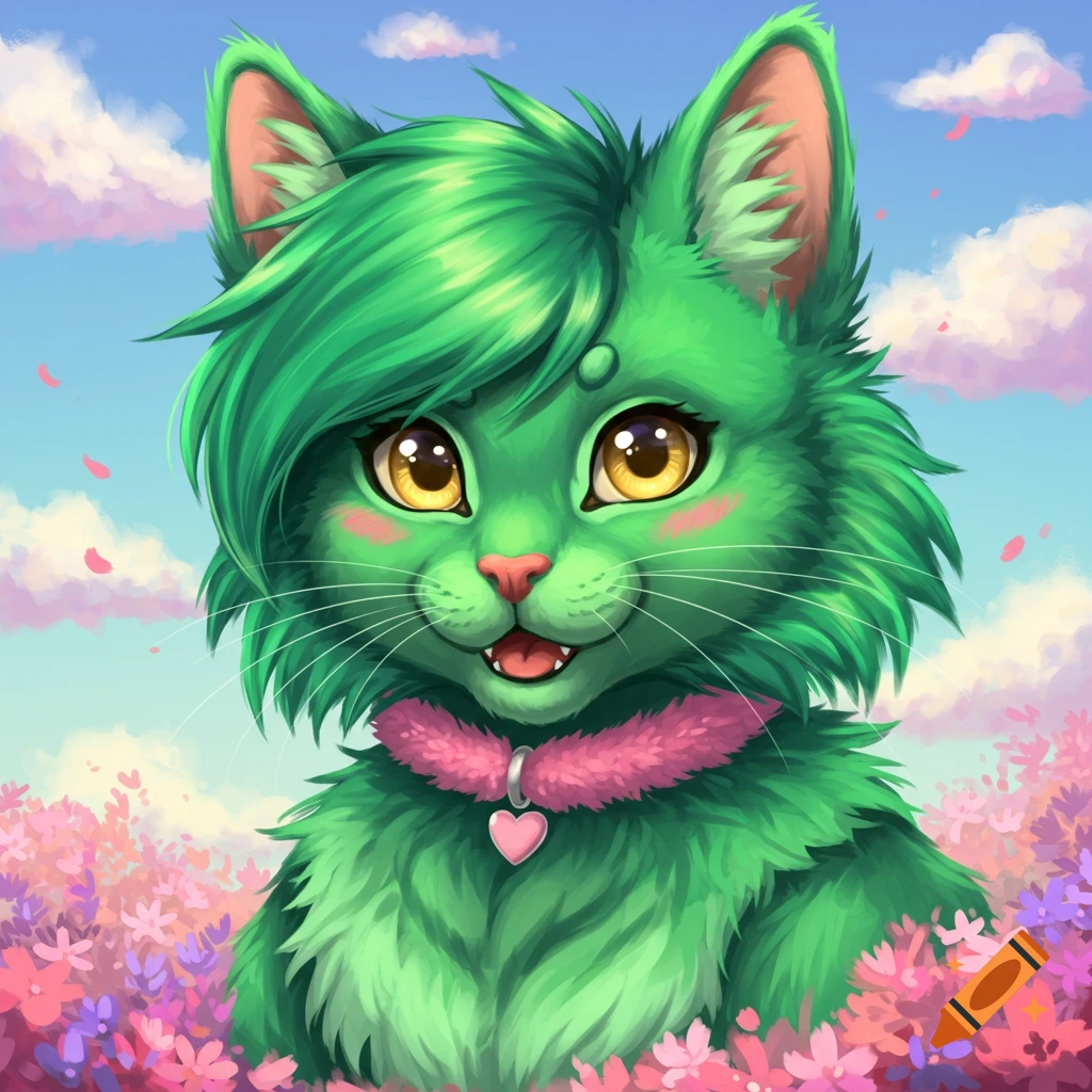A stylized green cat with big yellow eyes and a pink collar stands among pink and purple flowers.