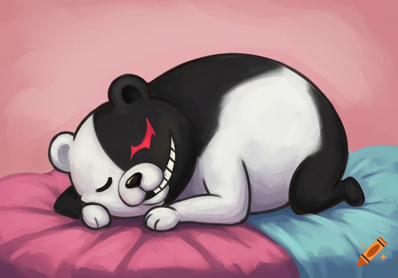 Cartoon black and white bear with red eye mark sleeping on pink and blue pillows