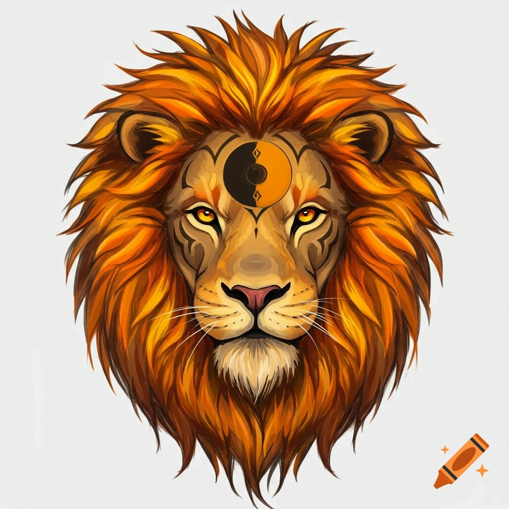 Stylized lion head with tribal markings and sun/moon symbol on forehead