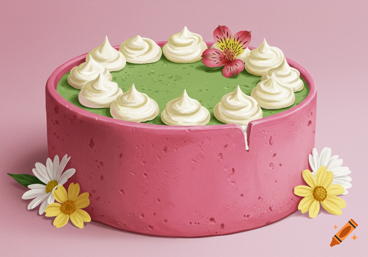 Illustration of a pink and green cake with white dollops and flowers