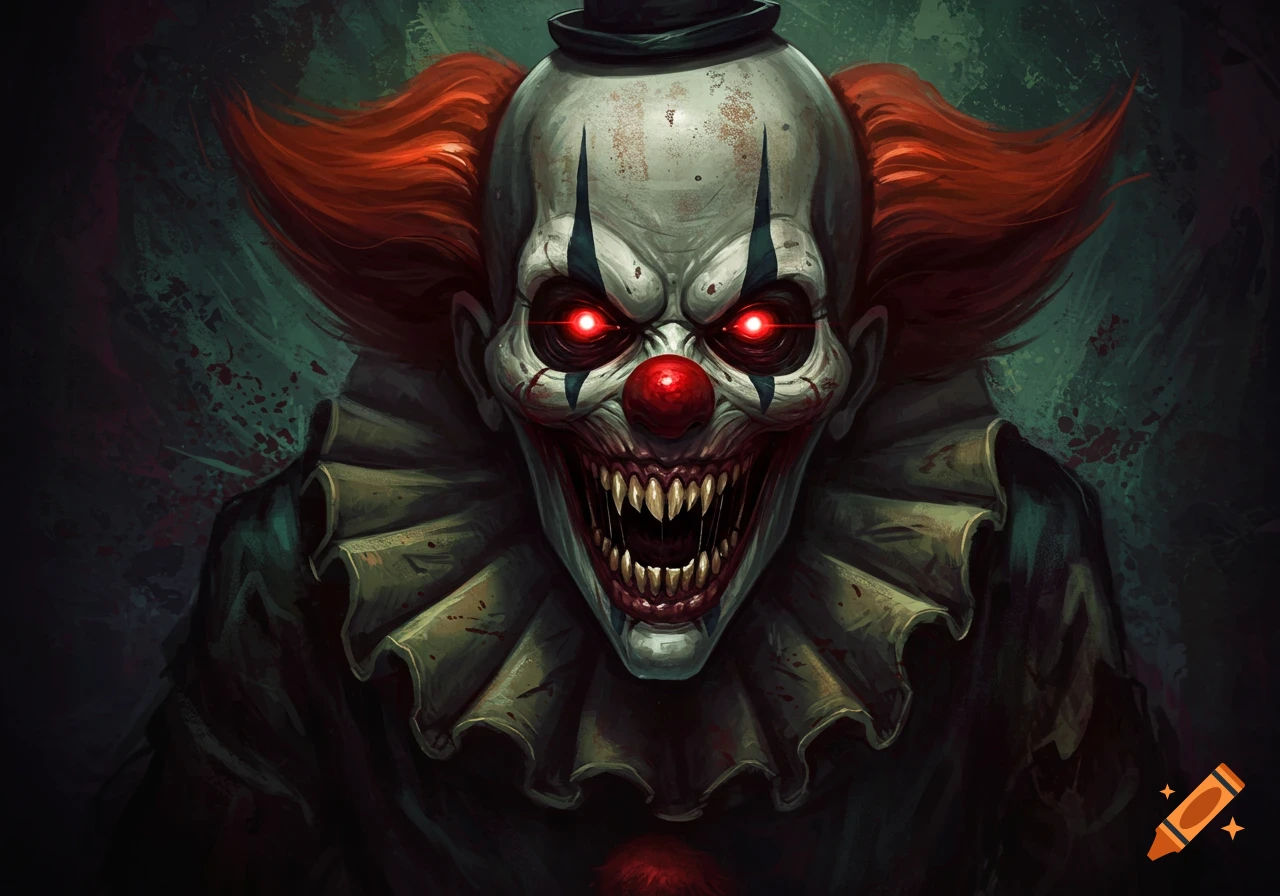 Close-up portrait of a scary clown with glowing red eyes and sharp teeth