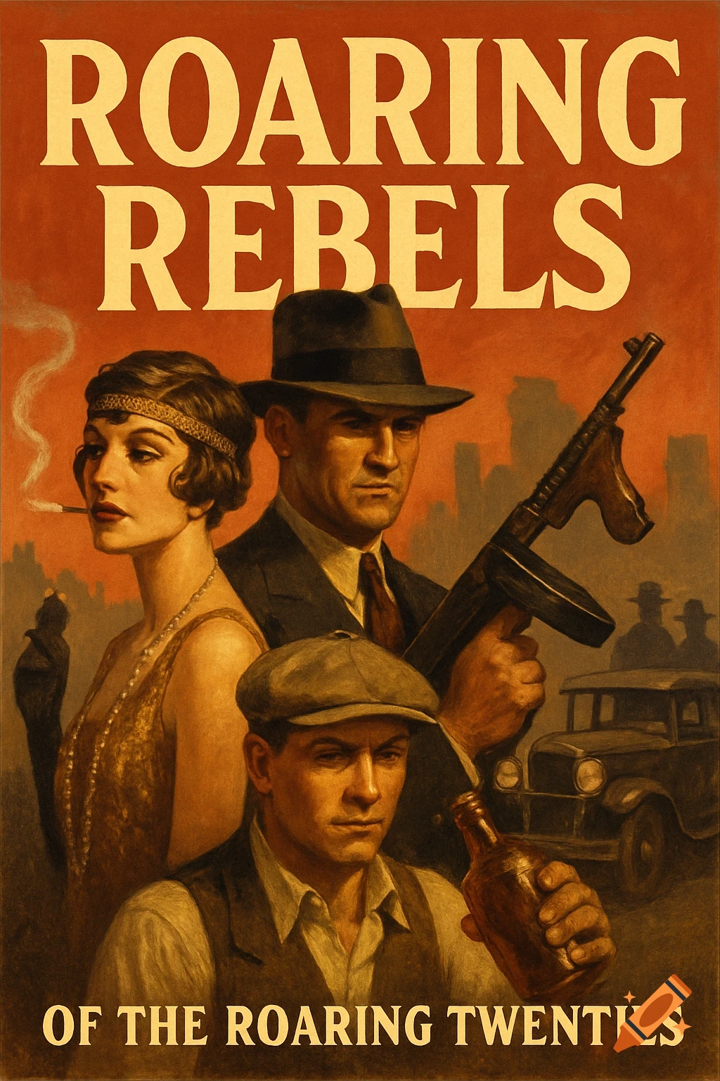 Vintage style poster of 1920s flapper, mobster, and man with bottle, with text 'Roaring Rebels' and 'Of The Roaring Twenties'.