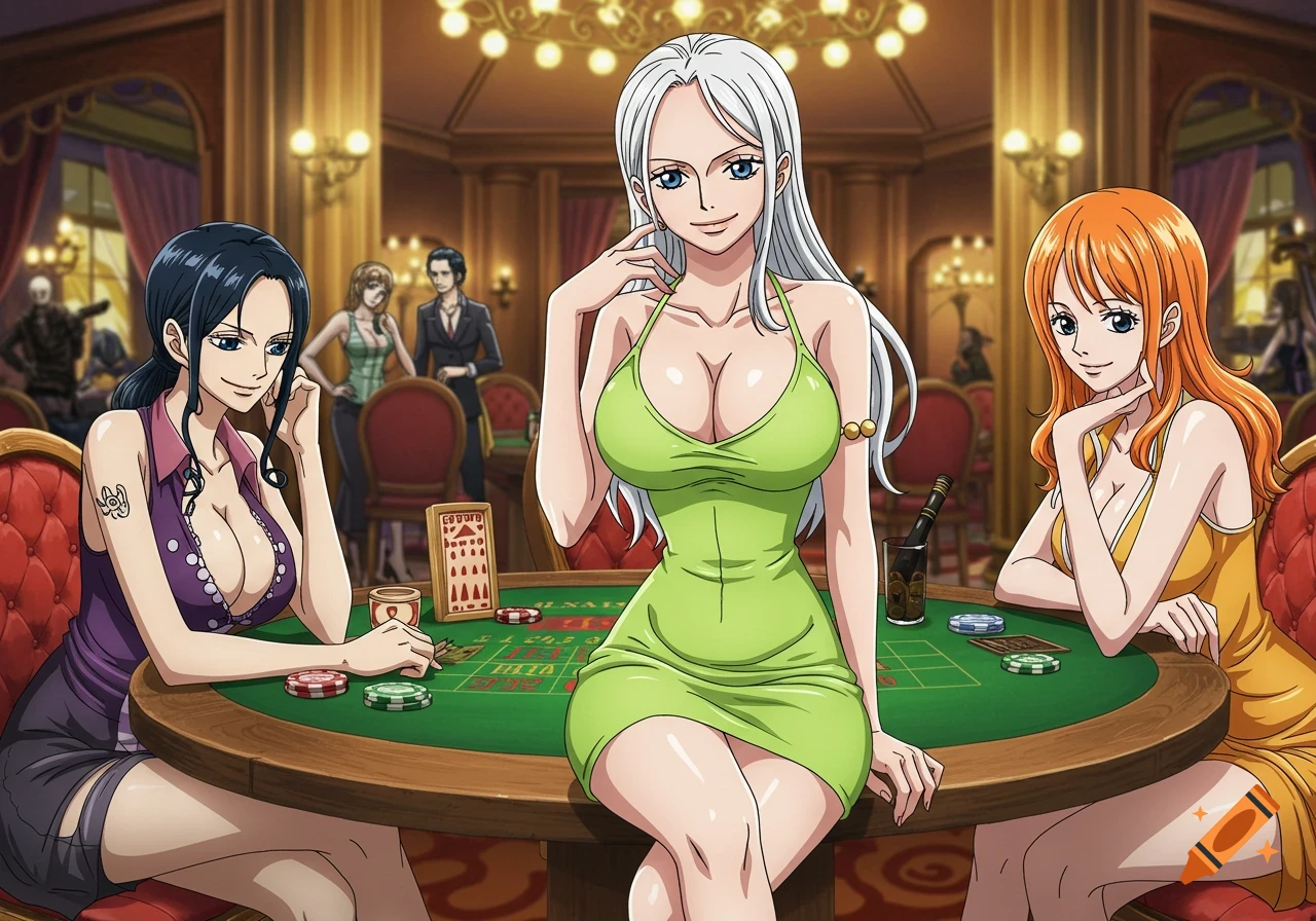 One Piece characters Nico Robin, Koala, and Nami sitting at a casino table