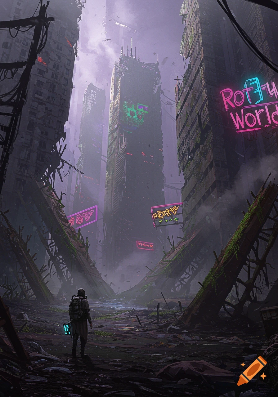 A lone figure stands in a ruined dystopian city landscape with tall destroyed buildings and neon signs.