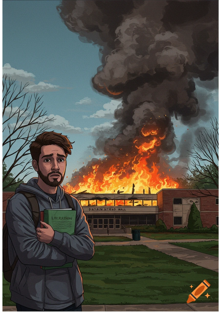 Illustration of a worried college student holding books with a burning building in the background.