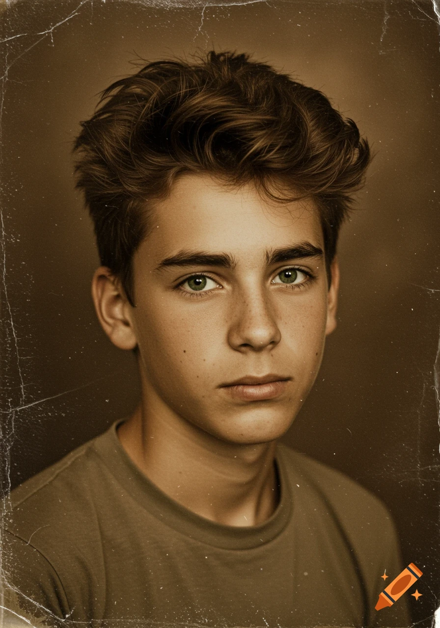 A portrait of a teenage boy with green eyes and brown hair in the style ...