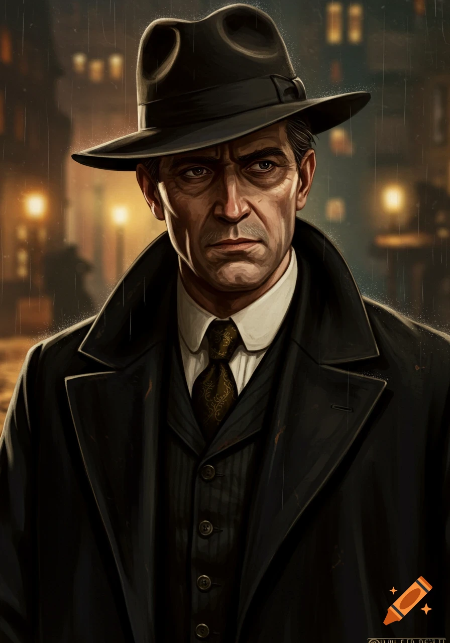 A vintage detective in a hat and trench coat stands in the rain on a city street.