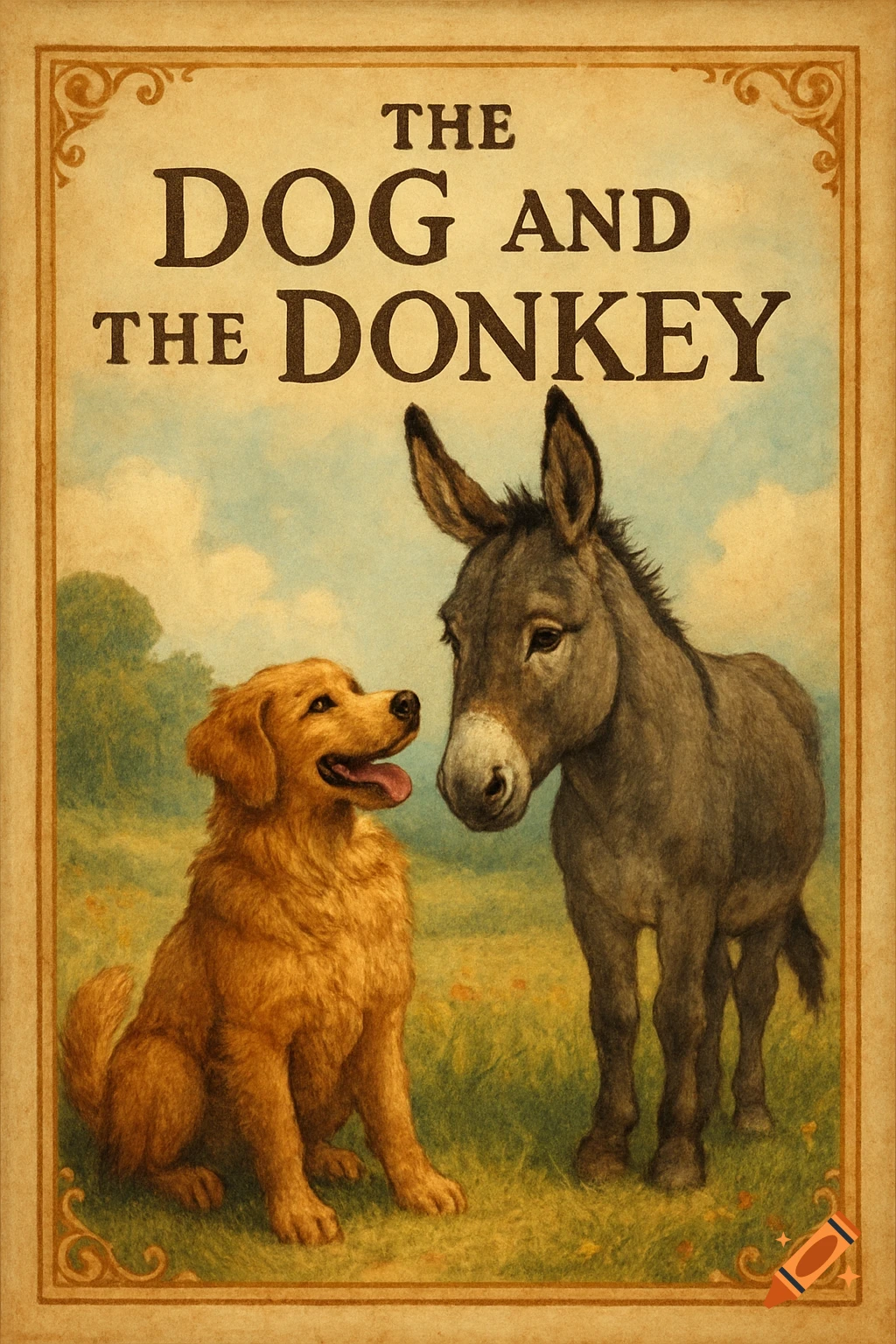 An old illustration of a golden retriever dog and a donkey standing in a field below the title 'THE DOG AND THE DONKEY'.