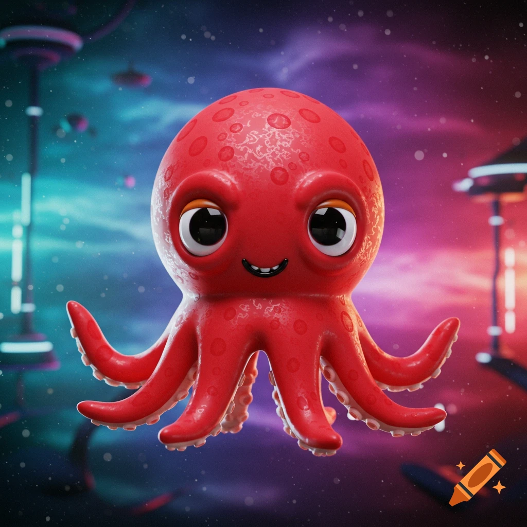 A cute cartoon 3D red octopus smiles in a colorful science fiction space background.