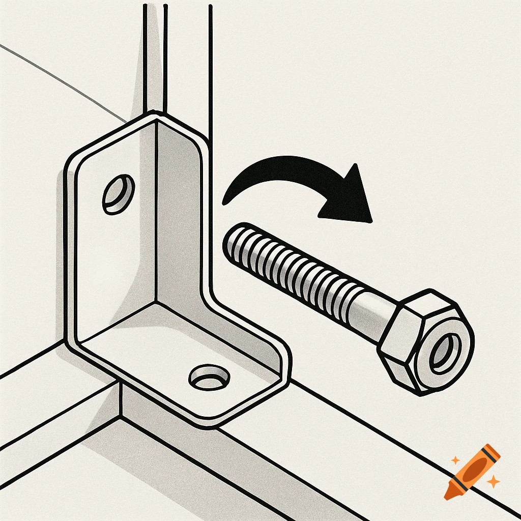 Technical illustration of a bolt and metal bracket with an arrow showing insertion.
