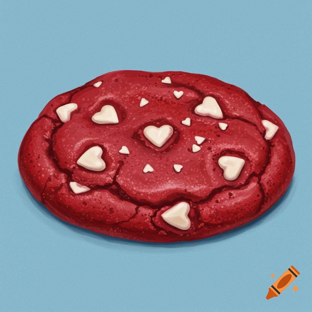 A red velvet cookie with white heart-shaped chocolate chips on a blue background.