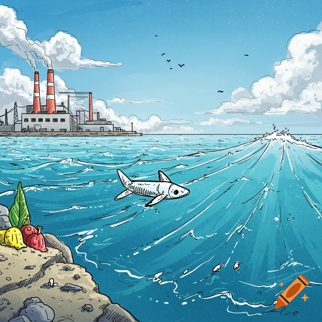 Illustration of a fish swimming in the ocean near a factory emitting smoke.