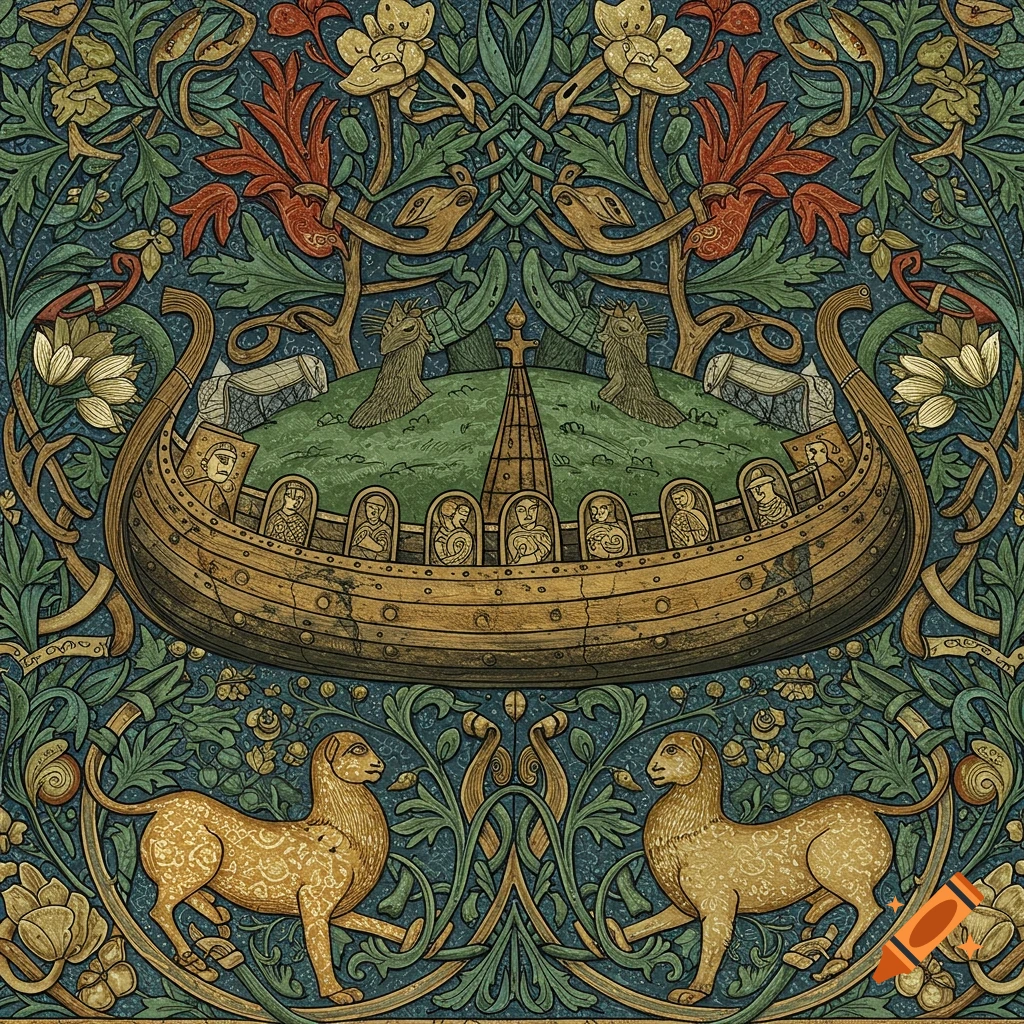 William Morris style pattern with Viking ship, figures, and animals