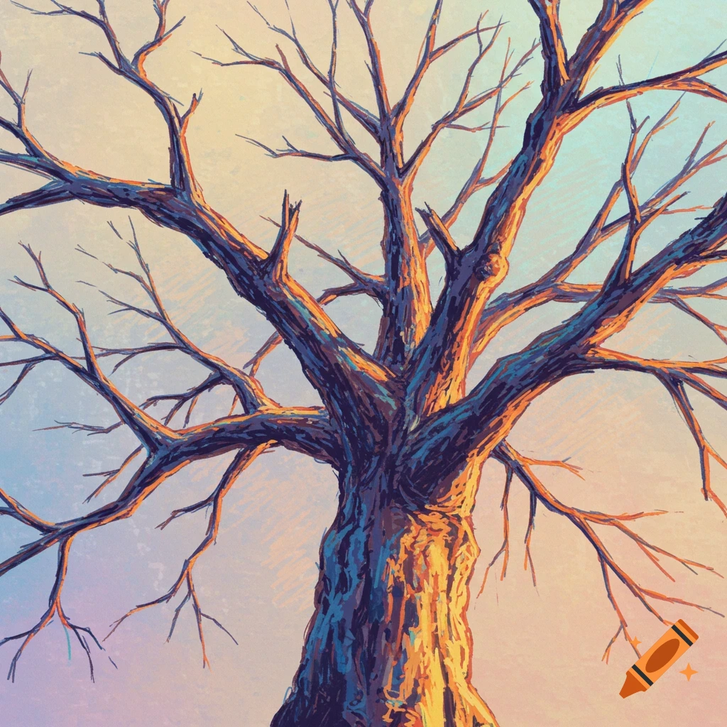A dead tree drawn with color pencils against a soft sky.