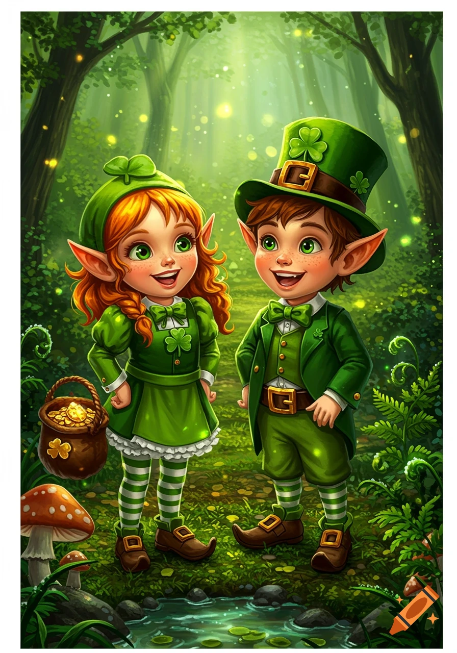 Illustration of a leprechaun girl and boy smiling in a forest with a pot of gold.