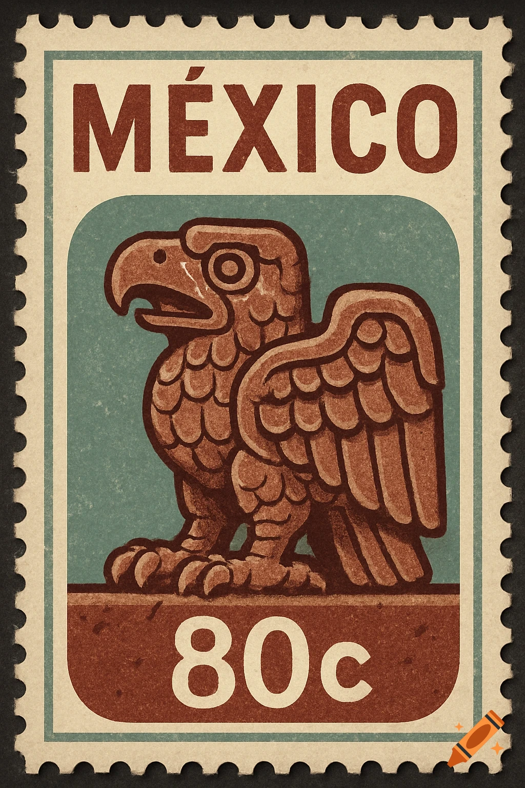 Mexican postage stamp with stylized eagle and '80c' text