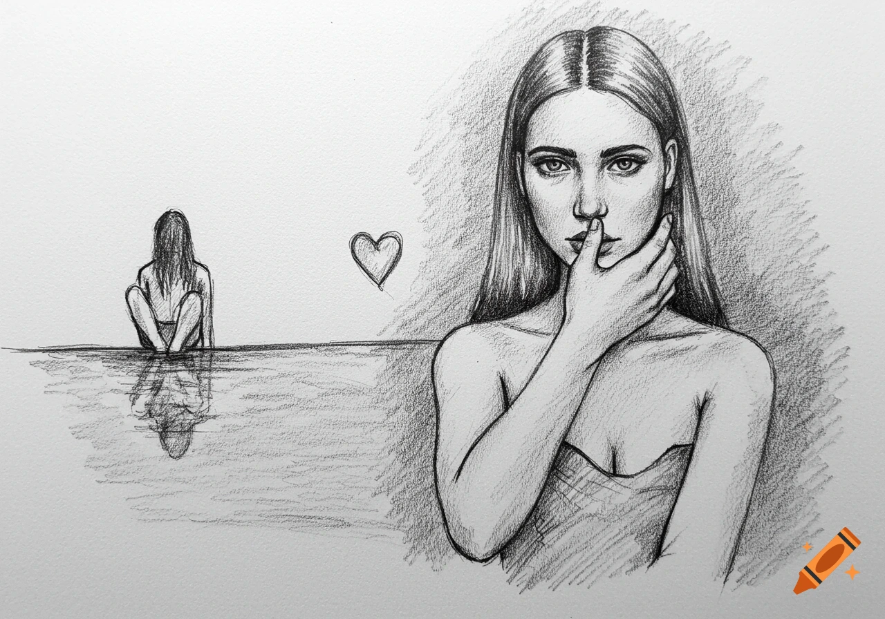 Pencil drawing of a woman with finger on lips and a smaller figure seated by water reflecting below, with a heart shape.