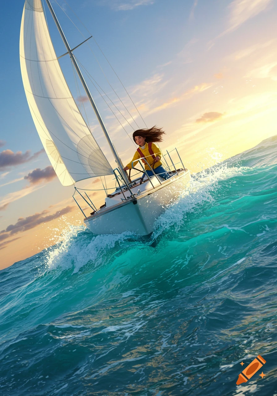 A female sails a boat on a large wave at sunset.