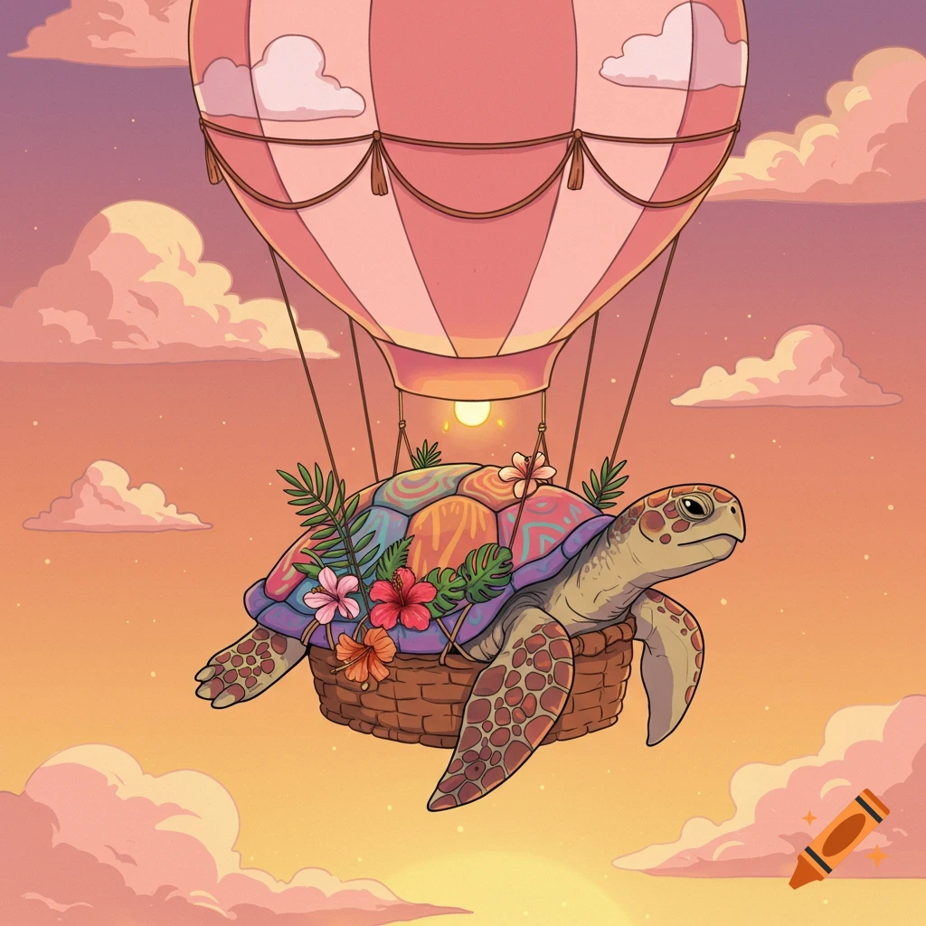 Illustration of a turtle in a hot air balloon basket flying through a sunset sky.