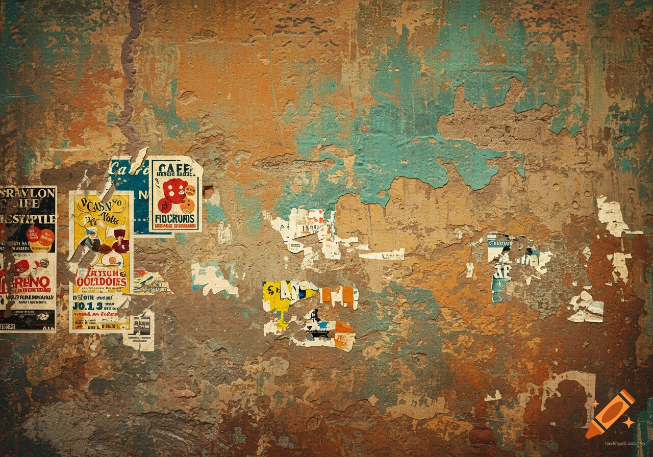 Weathered wall with peeling paint and old posters.