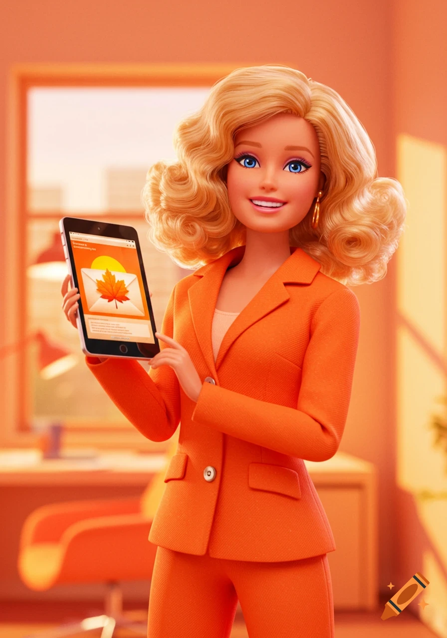 Cartoon Barbie in an orange suit holds a tablet in an office setting