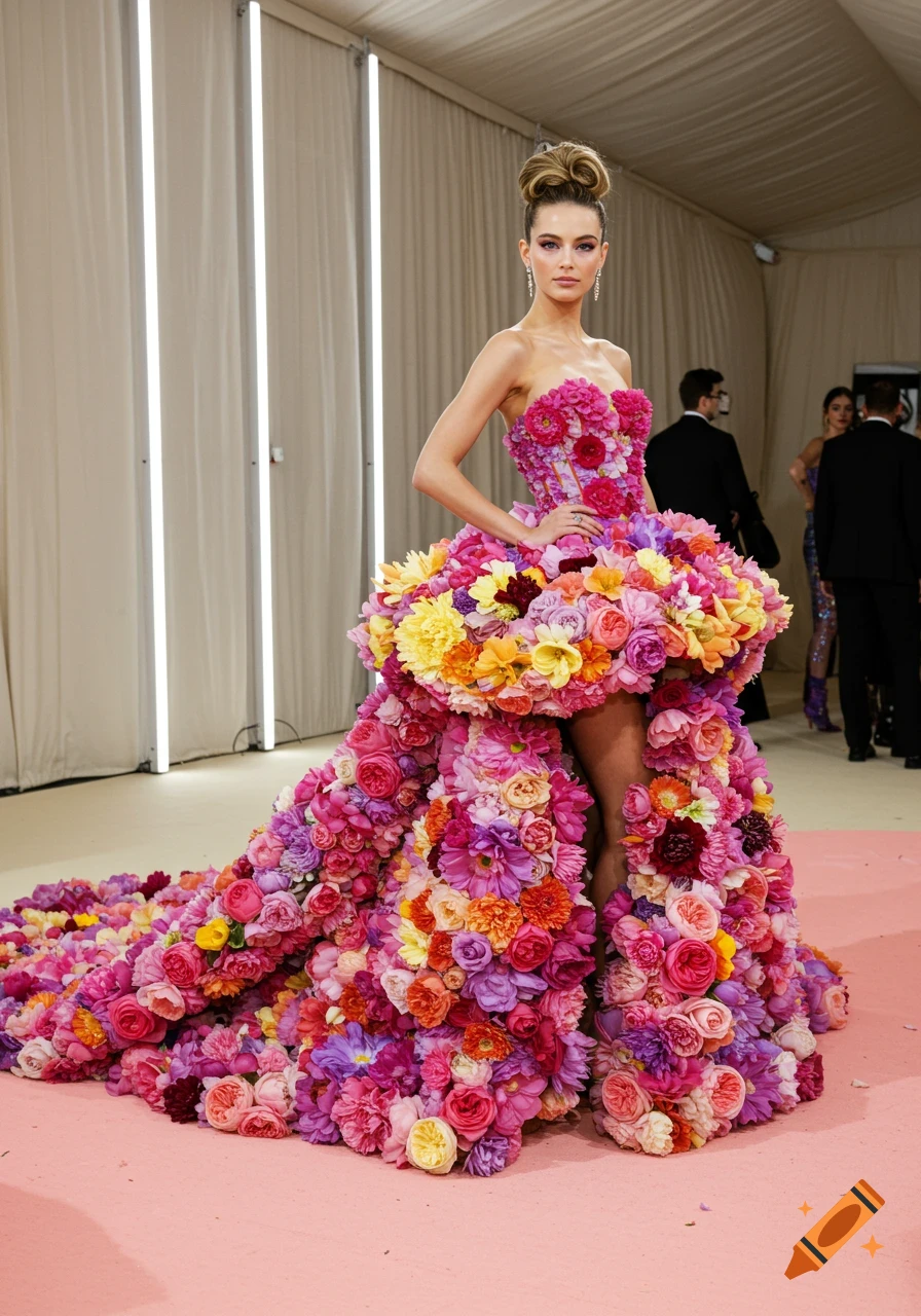 Woman in colorful floral dress on pink carpet at an event.