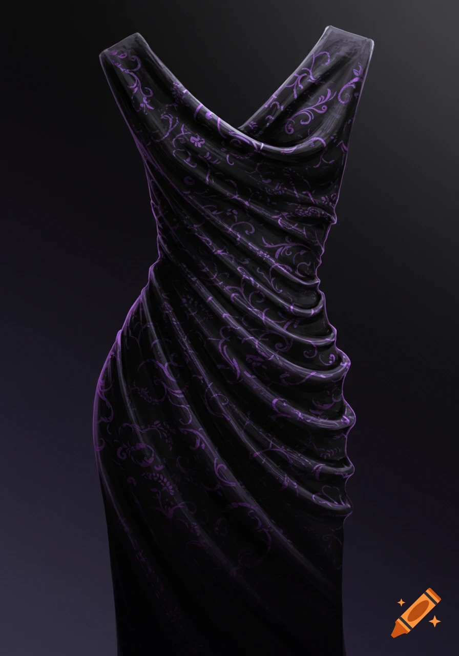 A black cowl-neck dress with a purple floral pattern on a dark background.