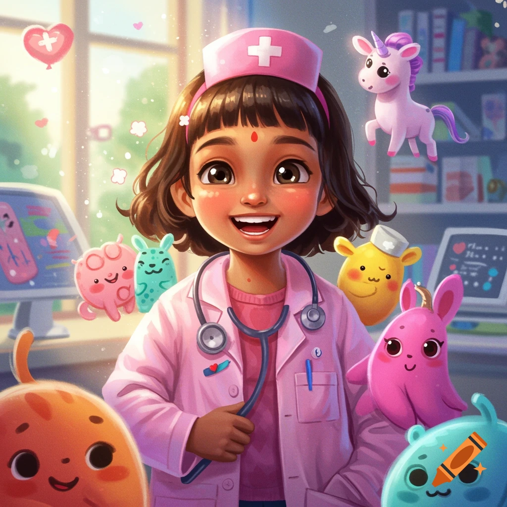 A cheerful girl in a doctor's coat and nurse hat, holding a stethoscope, surrounded by colorful cartoon creatures and a unicorn.
