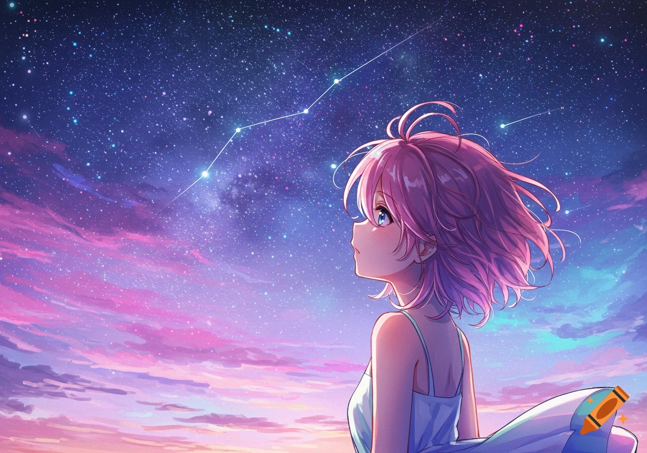 Anime girl with pink hair looking up at a starry night sky with pink and purple clouds.