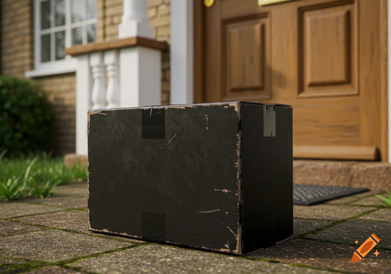 A black box package sits on a stone path next to a brown front door of a house.