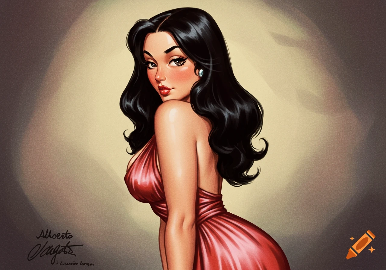 Pinup style illustration of a woman in a red dress looking over her shoulder.
