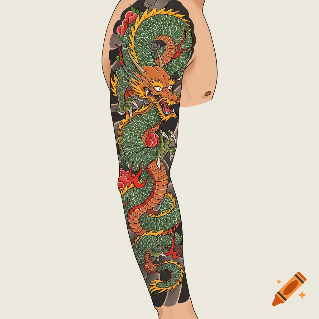 Traditional Japanese style green and orange dragon tattoo sleeve on an arm.