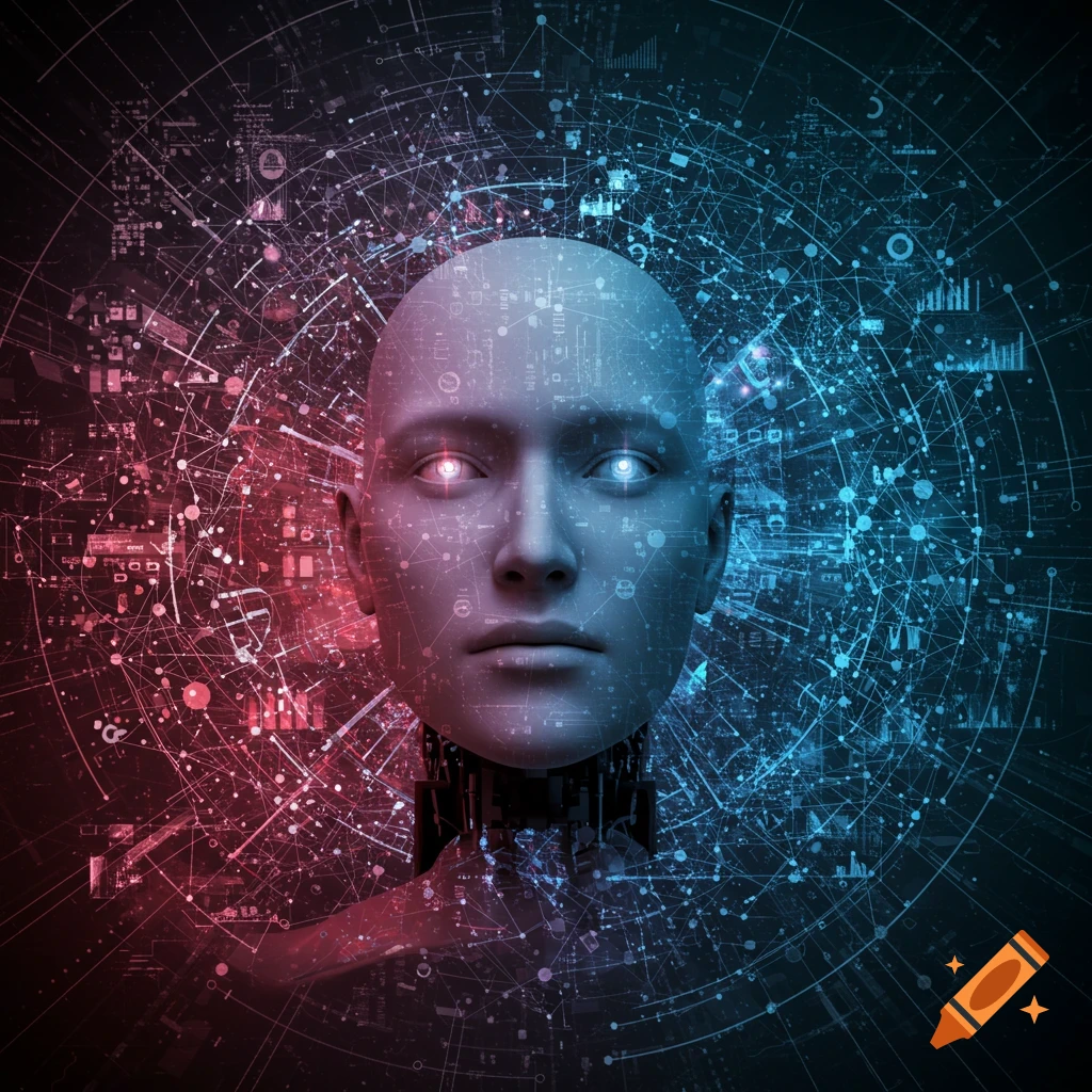 Head of an AI or robot surrounded by a web of abstract digital data and glowing lines, lit with red and blue light.