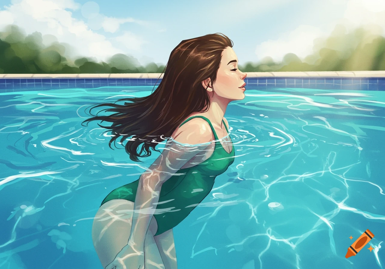 An illustration of a woman floating in a swimming pool, with her eyes closed and sun on her face.