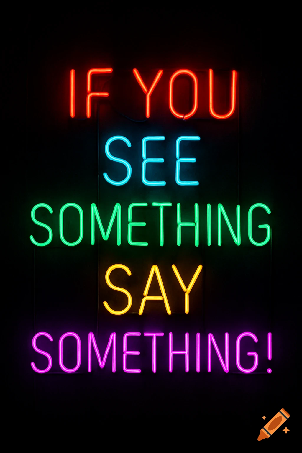 Neon sign displays the quote 'If you see something, say something!' in multiple colors on a dark background.