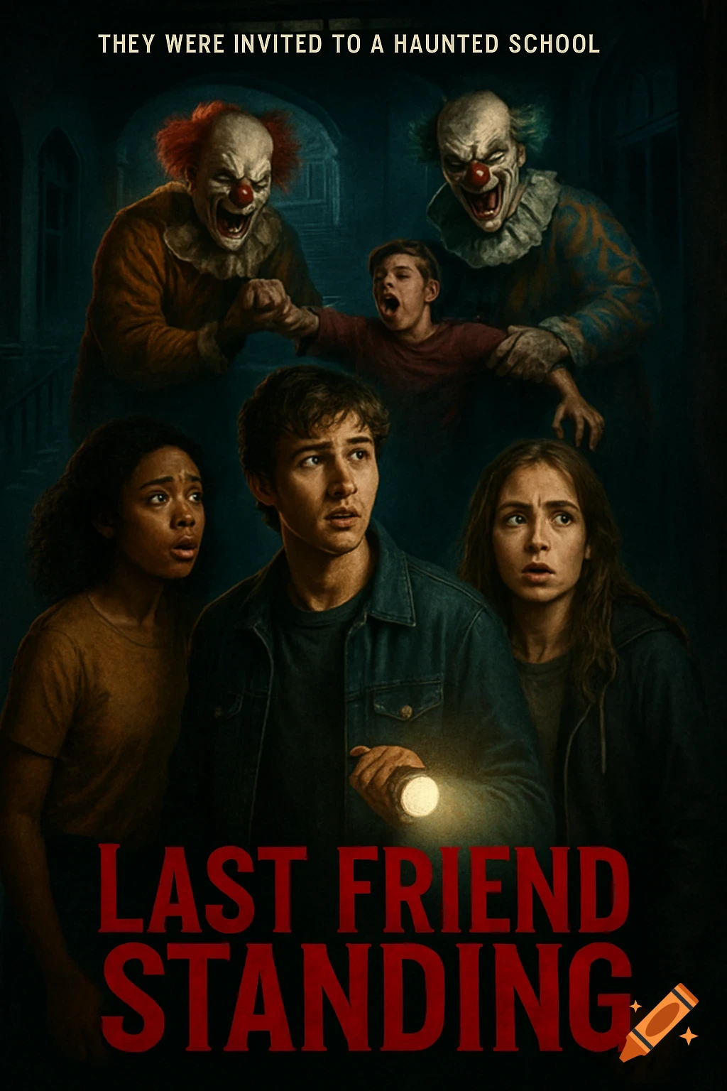 Movie poster for 'Last Friend Standing' showing scared teenagers, scary clowns, and text 'They Were Invited to a Haunted School'.