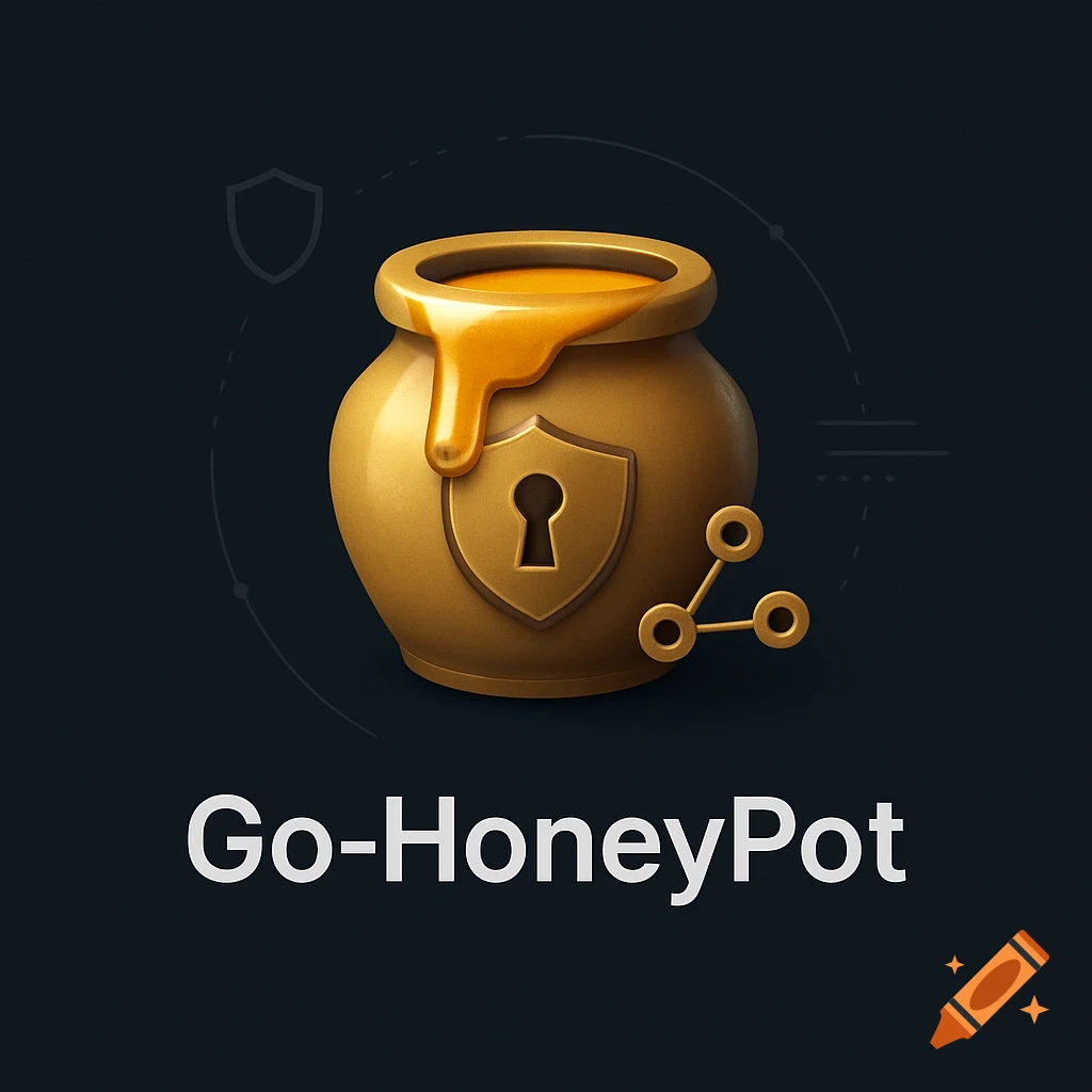 Stylized icon of a golden honey pot with a shield keyhole and network nodes, with the text Go-HoneyPot below.