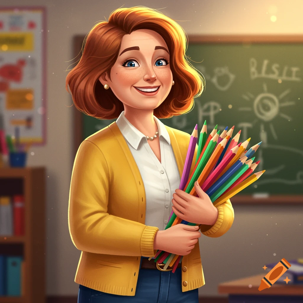 Illustration of a smiling teacher holding colorful pencils in a classroom.