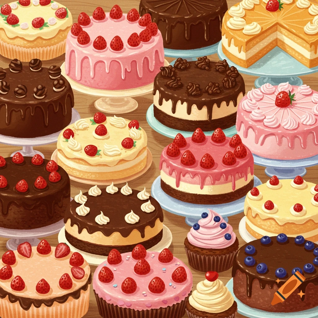 Illustration of many different cakes and cupcakes, including chocolate, strawberry, and vanilla flavors, arranged on a table.