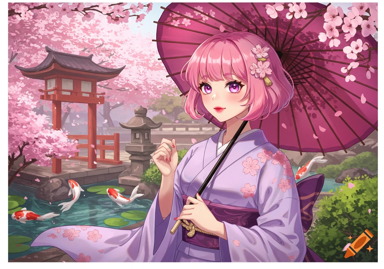 Anime girl in kimono with umbrella among cherry blossoms, koi pond, and Japanese temple.