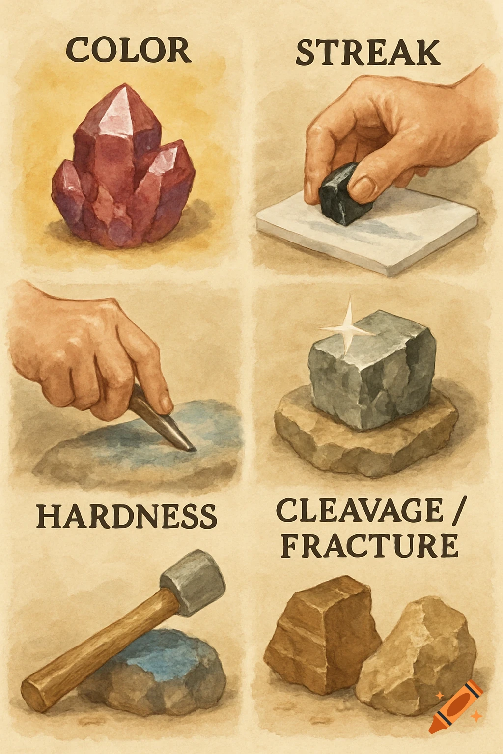 Watercolor illustration showing four methods for testing minerals: color, streak, hardness, cleavage/fracture.