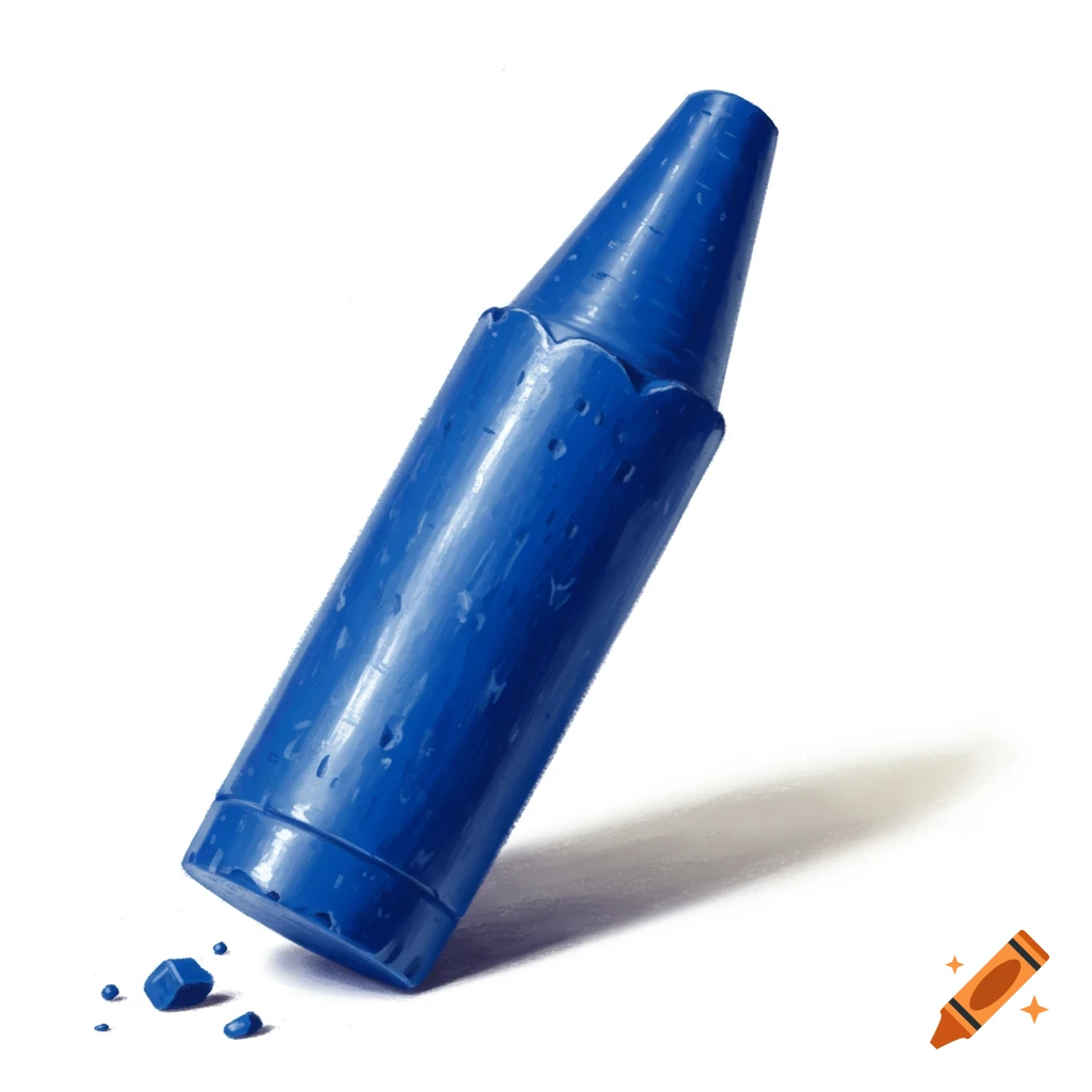 A blue crayon is tilted with shavings at the bottom on a white background.