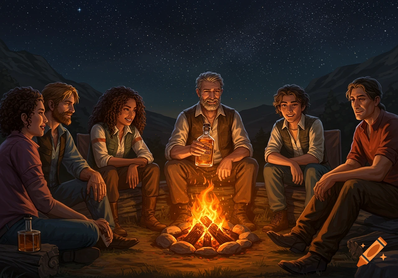 A group of people sit around a campfire at night, one holding a bottle.