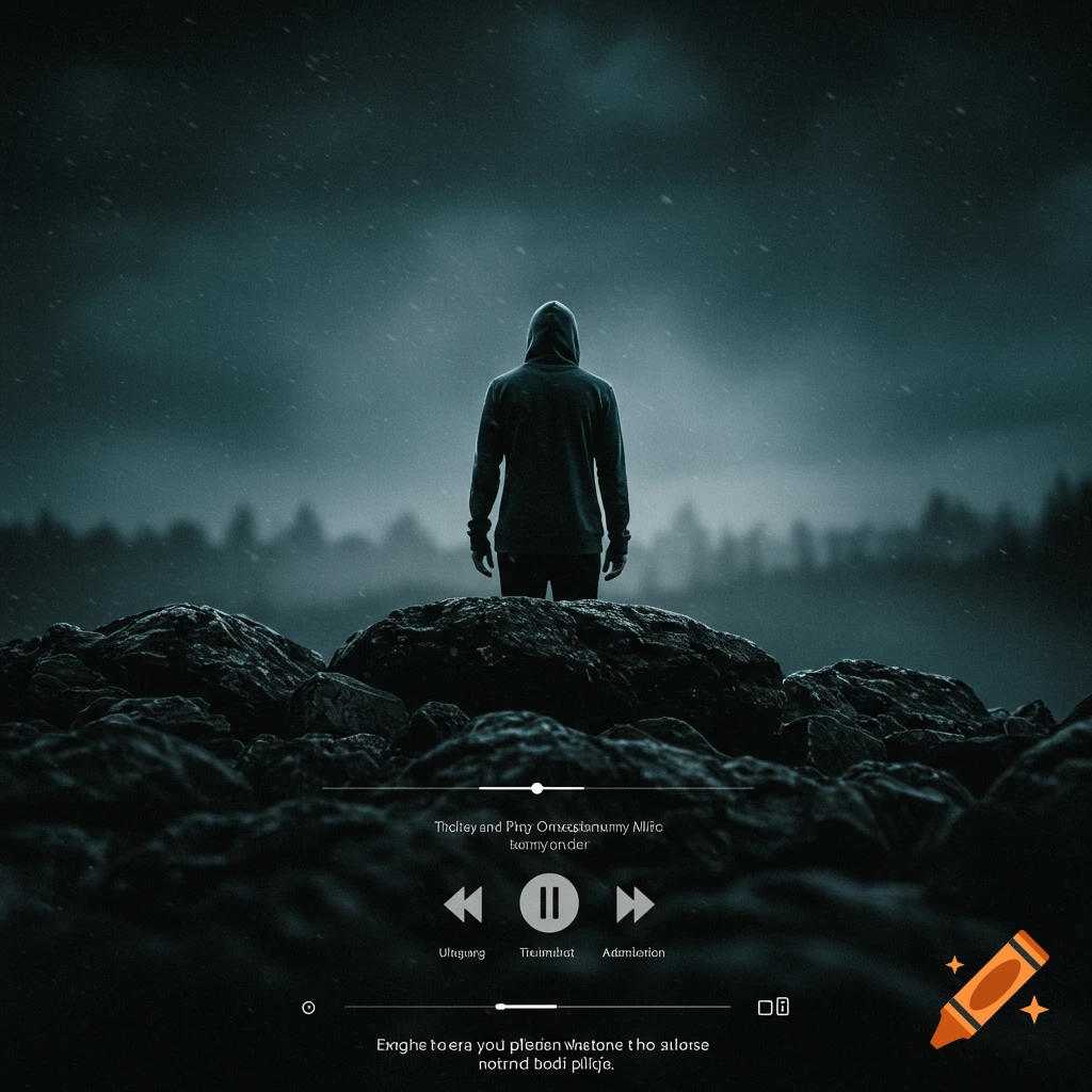 A hooded figure stands on rocks in the rain, looking at a dark, foggy forest. A music player interface is overlaid.