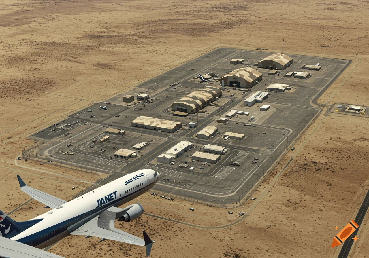 Aerial view of a desert military base with a Janet Airlines plane flying over.