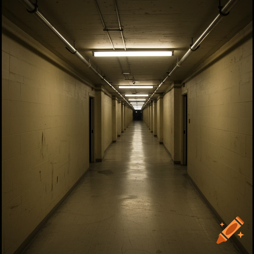 A long, empty corridor recedes into darkness, lined with repeating doors and fluorescent lights.