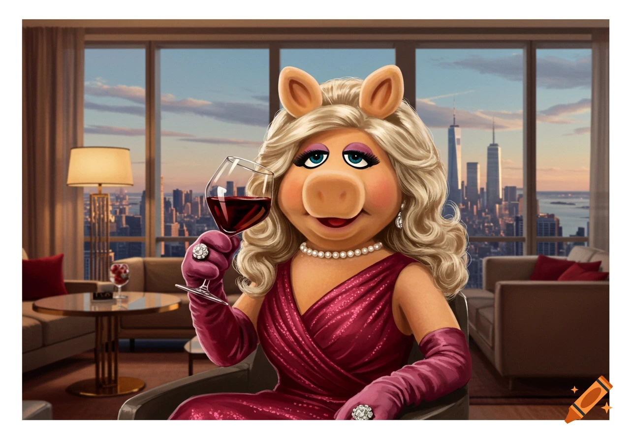 Miss Piggy in a red dress holds a glass of red wine in a New York City penthouse with a view.