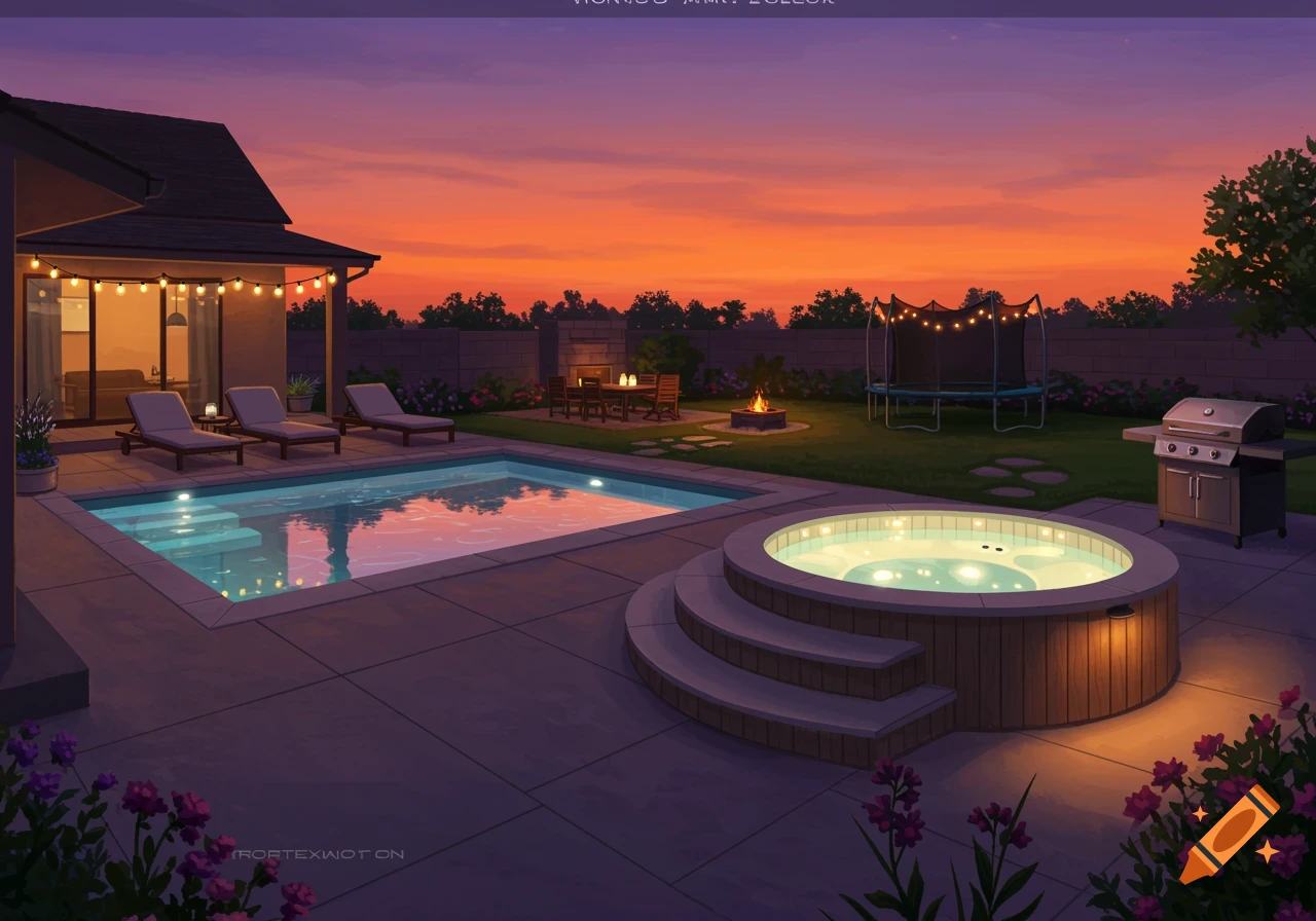 A backyard scene at sunset with a swimming pool, jacuzzi, trampoline, and grill, lit by warm orange and purple light.