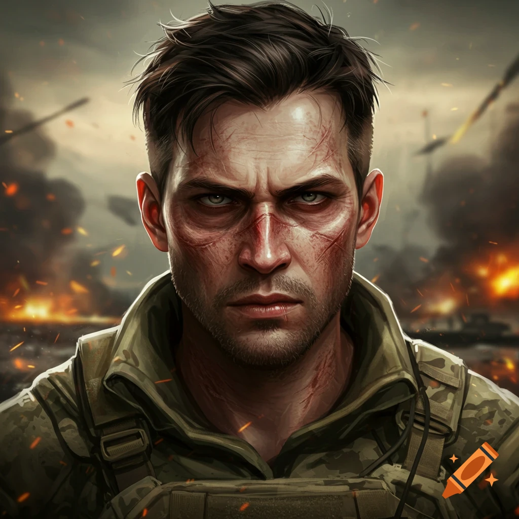 Close-up portrait of a scarred soldier in a combat uniform with explosions in the background.